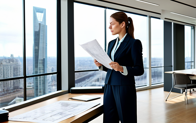 Modern Architect at Work**
"A professional female architect, fully clothed in a stylish yet modest outfit (think tailored pants and a blouse with a blazer), reviewing blueprints at a bright, modern architectural office. Large windows with city views. Safe for work, appropriate content, perfect anatomy, correct proportions, natural pose, well-formed hands, proper finger count, professional photography, high quality."
**