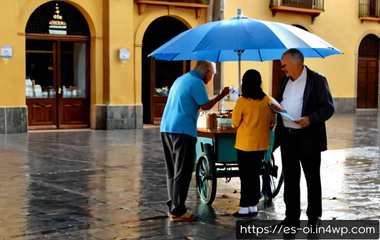 인과관계 추론의 실패 사례와 교훈 - Photorealistic scene in a sunlit Spanish town plaza after a sudden rain shower, adults carrying umbr...